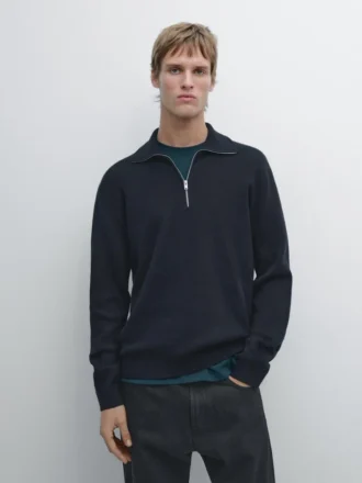 Baumwoll-Pullover mit Stehkragen und Reißverschluss