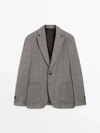 Maßgeschneiderter Blazer aus Leinenmischung mit Fischgrätenmuster Maßgeschneiderter Blazer aus Leinenmischung mit Fischgrätenmuster