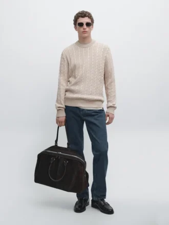 Pullover aus 100 % Baumwolle mit Zopfmuster und Rundhalsausschnitt