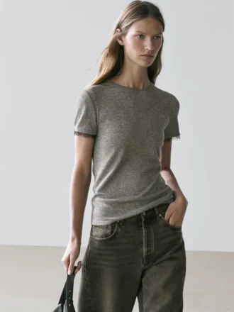 T-Shirt aus Wollmischung mit Spitzendetail
